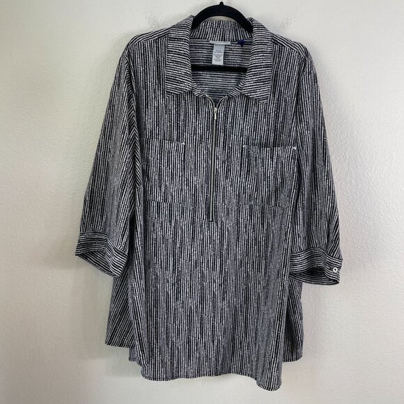 Catherines Womens Petite Plus 2XWP Black White Tunic Top Zip Front 3/4 Sleeve - Picture 5 of 8